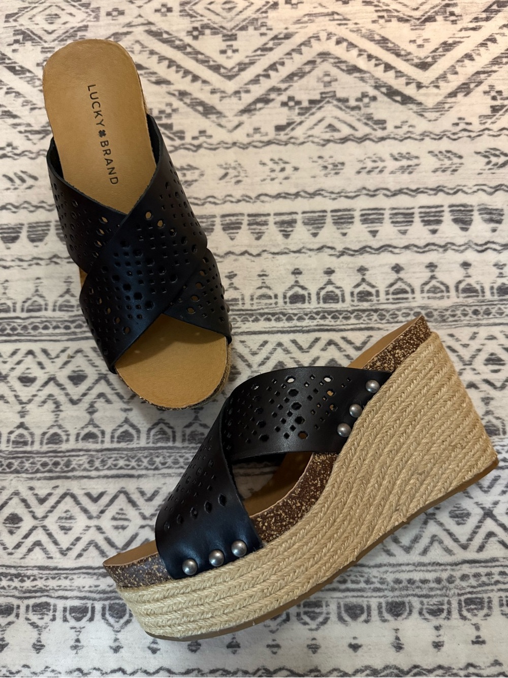Lucky Brand Black Perforated Crisscross Espadrille Wedges